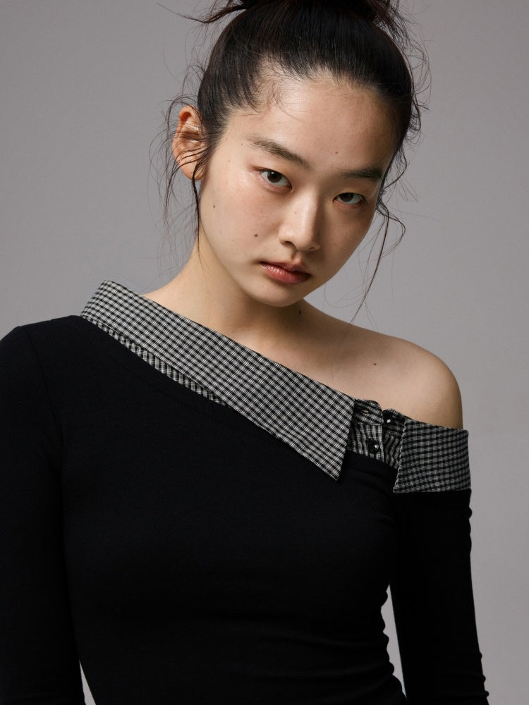 Faux Layered Slanted Shoulder Knit Paneled Shirt Collar T-Shirt【s0000013866】