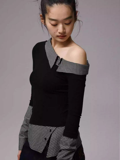 Faux Layered Slanted Shoulder Knit Paneled Shirt Collar T-Shirt【s0000013866】
