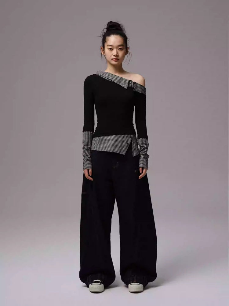 Faux Layered Slanted Shoulder Knit Paneled Shirt Collar T-Shirt【s0000013866】
