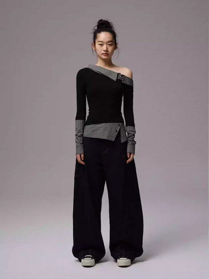 Faux Layered Slanted Shoulder Knit Paneled Shirt Collar T-Shirt【s0000013866】