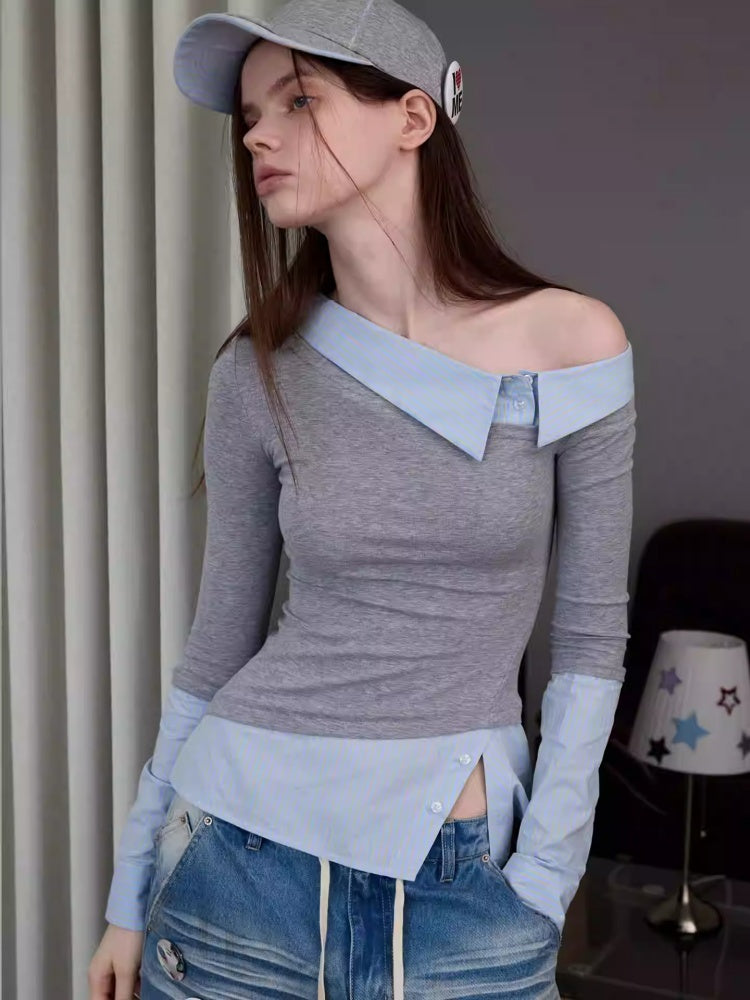 Faux Layered Slanted Shoulder Knit Paneled Shirt Collar T-Shirt【s0000013866】