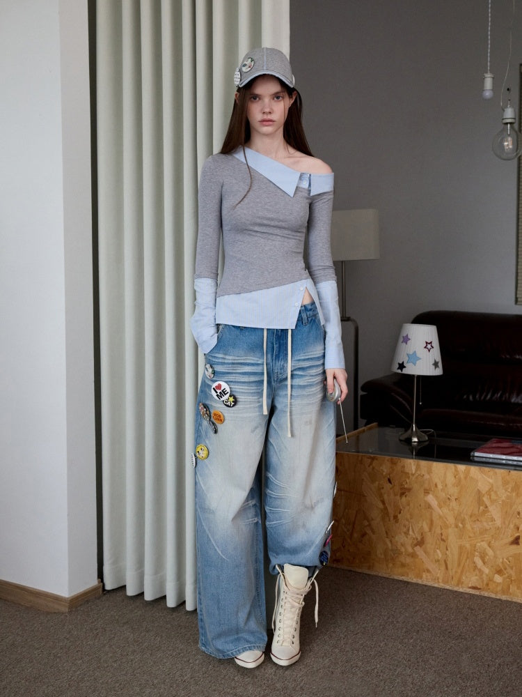 Faux Layered Slanted Shoulder Knit Paneled Shirt Collar T-Shirt【s0000013866】