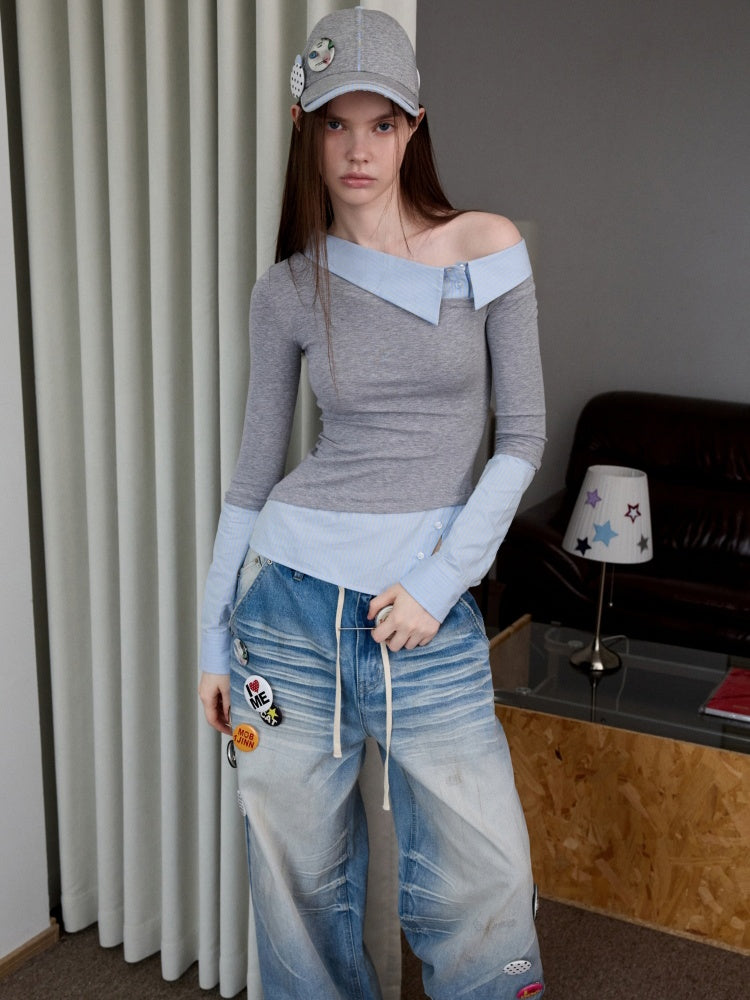 Faux Layered Slanted Shoulder Knit Paneled Shirt Collar T-Shirt【s0000013866】