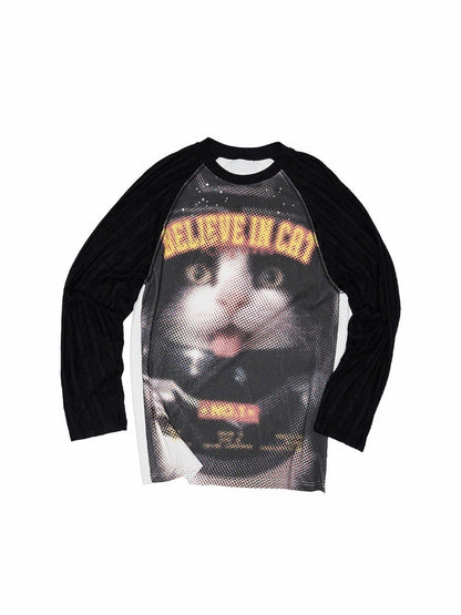 Biker Cat Print Raglan Sleeve Long Sleeve T-Shirt【s0000013867】