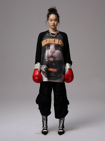 Biker Cat Print Raglan Sleeve Long Sleeve T-Shirt【s0000013867】