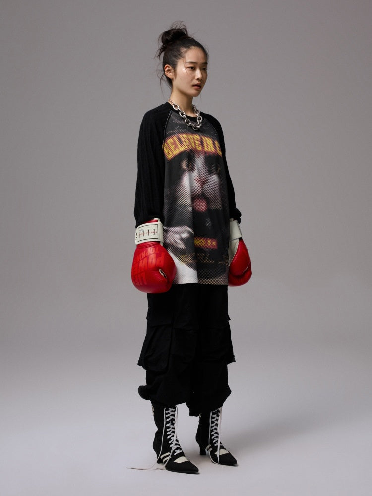 Biker Cat Print Raglan Sleeve Long Sleeve T-Shirt【s0000013867】