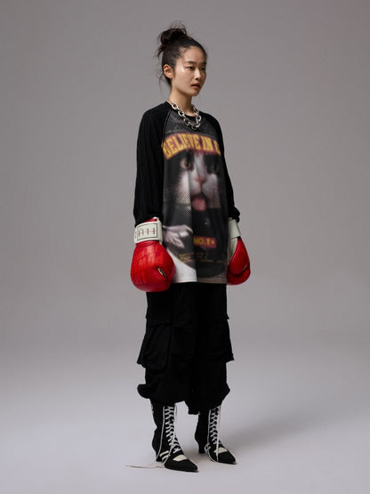 Biker Cat Print Raglan Sleeve Long Sleeve T-Shirt【s0000013867】