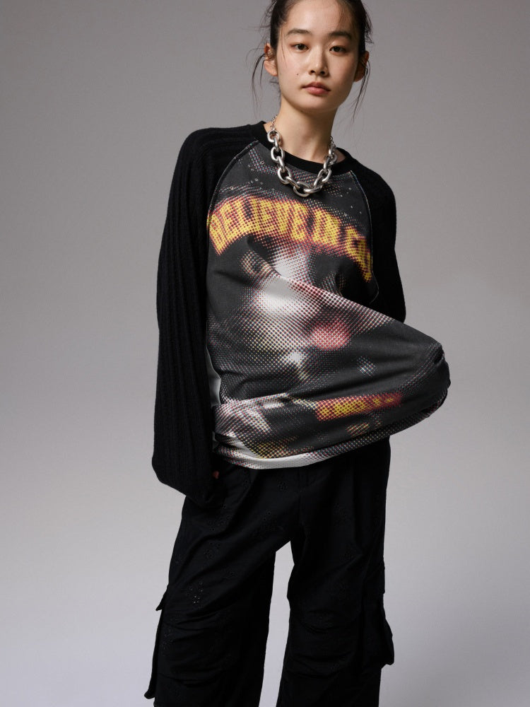 Biker Cat Print Raglan Sleeve Long Sleeve T-Shirt【s0000013867】