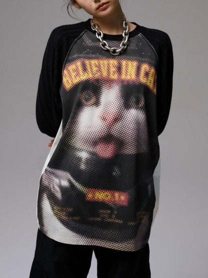 Biker Cat Print Raglan Sleeve Long Sleeve T-Shirt【s0000013867】