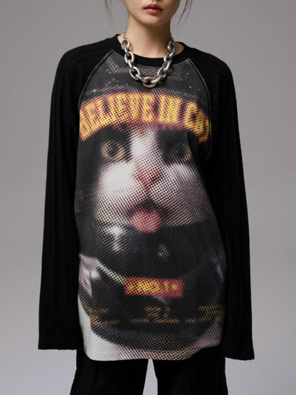 Biker Cat Print Raglan Sleeve Long Sleeve T-Shirt【s0000013867】