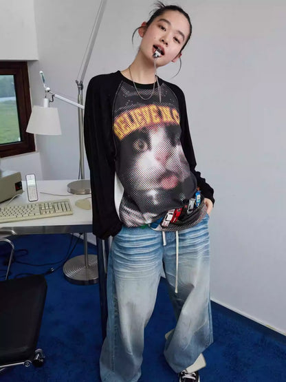 Biker Cat Print Raglan Sleeve Long Sleeve T-Shirt【s0000013867】