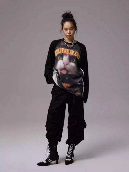 Biker Cat Print Raglan Sleeve Long Sleeve T-Shirt【s0000013867】