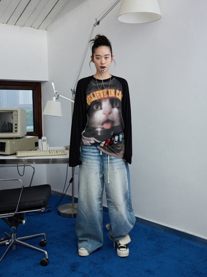 Biker Cat Print Raglan Sleeve Long Sleeve T-Shirt【s0000013867】