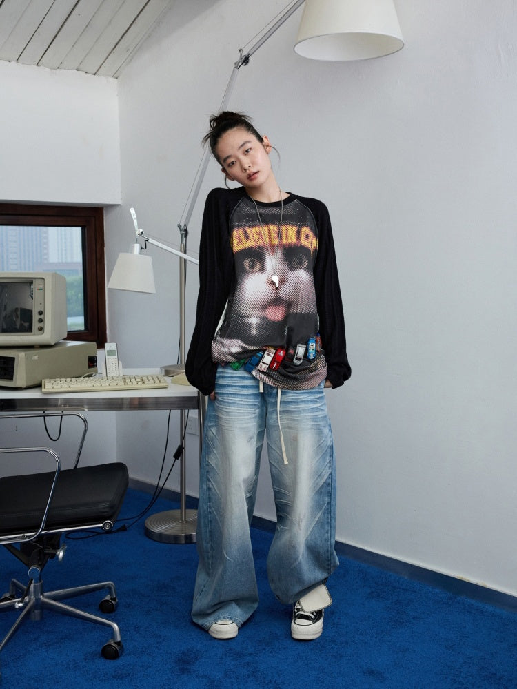 Biker Cat Print Raglan Sleeve Long Sleeve T-Shirt【s0000013867】