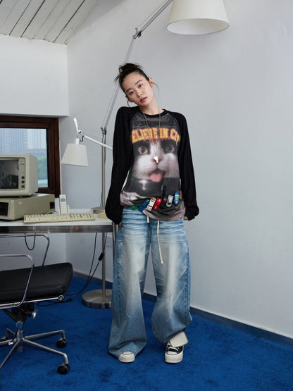 Biker Cat Print Raglan Sleeve Long Sleeve T-Shirt【s0000013867】