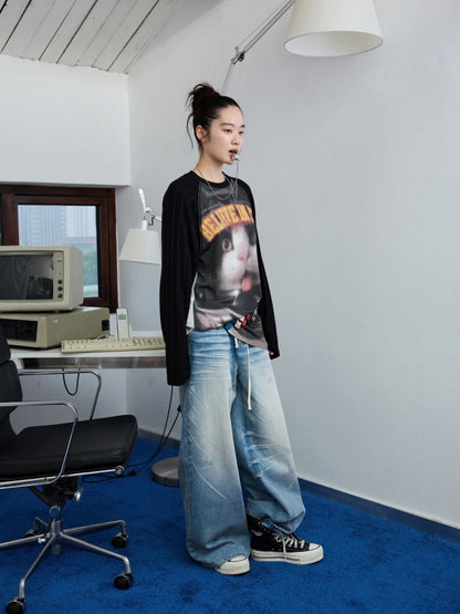 Biker Cat Print Raglan Sleeve Long Sleeve T-Shirt【s0000013867】