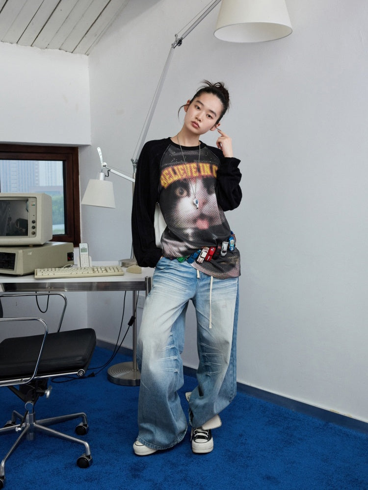 Biker Cat Print Raglan Sleeve Long Sleeve T-Shirt【s0000013867】