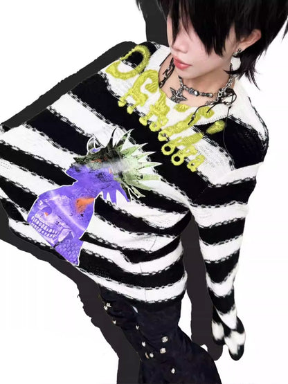 Striped Brushed Print Applique Embroidered Ripped Knit【s0000014215】