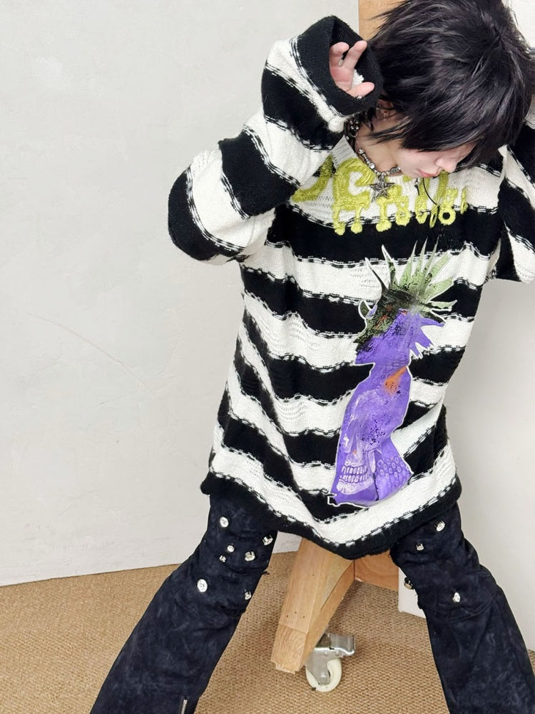 Striped Brushed Print Applique Embroidered Ripped Knit【s0000014215】