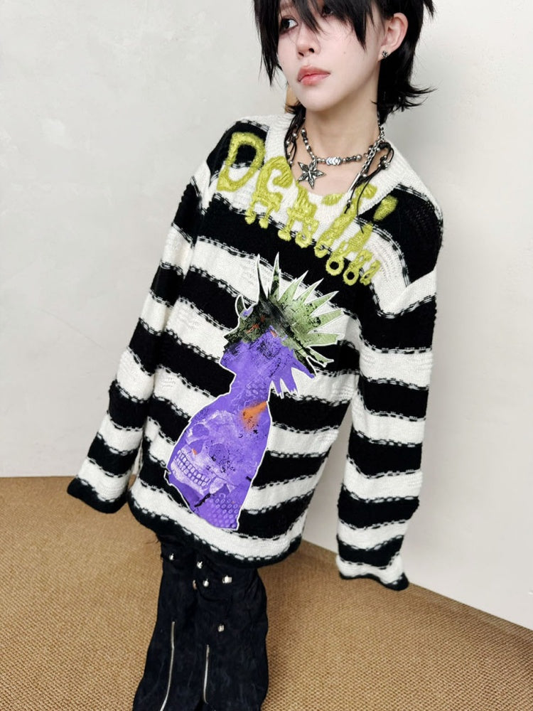 Striped Brushed Print Applique Embroidered Ripped Knit【s0000014215】