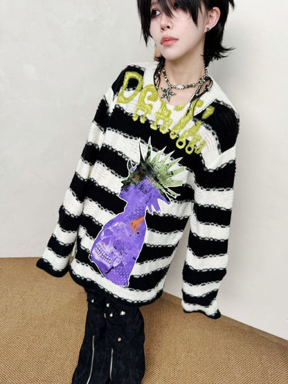 Striped Brushed Print Applique Embroidered Ripped Knit【s0000014215】