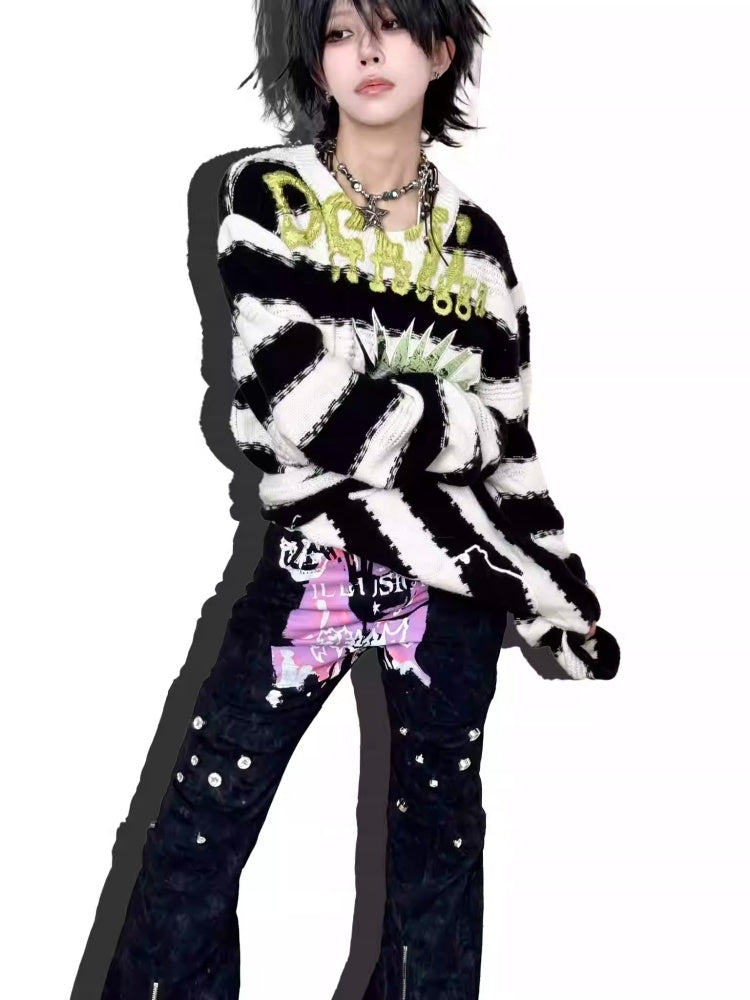 Striped Brushed Print Applique Embroidered Ripped Knit【s0000014215】