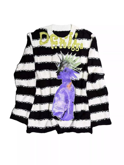 Striped Brushed Print Applique Embroidered Ripped Knit【s0000014215】