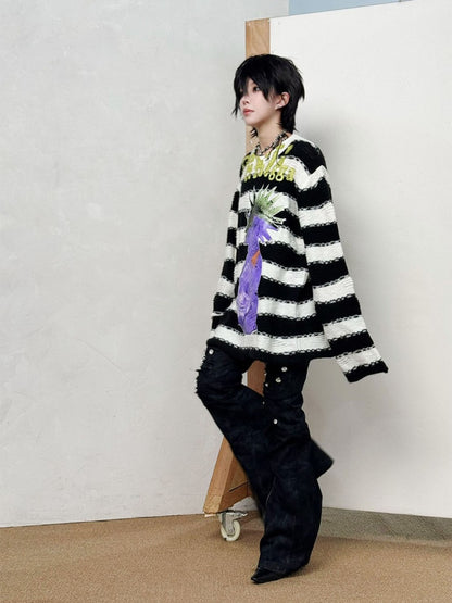 Striped Brushed Print Applique Embroidered Ripped Knit【s0000014215】