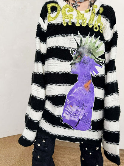 Striped Brushed Print Applique Embroidered Ripped Knit【s0000014215】