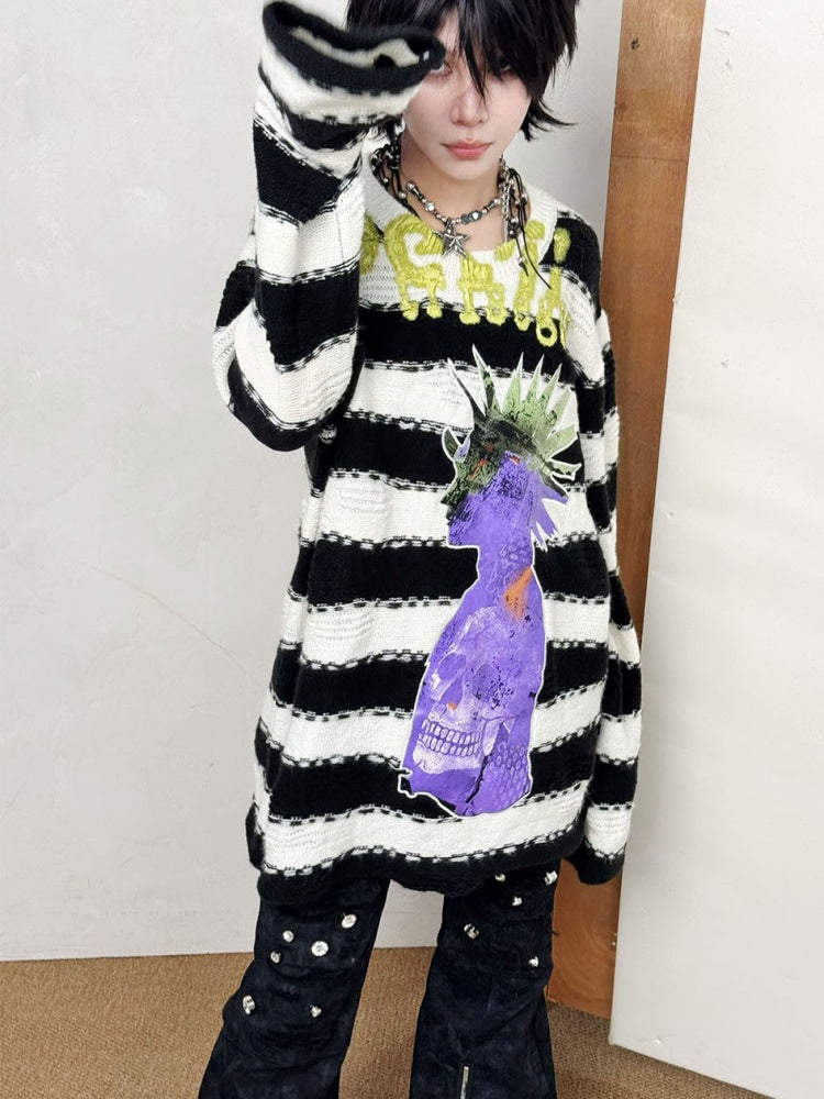 Striped Brushed Print Applique Embroidered Ripped Knit【s0000014215】