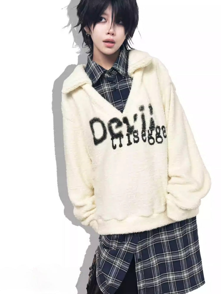Graffiti Print Fluffy Fleece Faux  Layered Drawstring Hem Plaid Shirt【s0000014216】