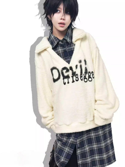 Graffiti Print Fluffy Fleece Faux  Layered Drawstring Hem Plaid Shirt【s0000014216】