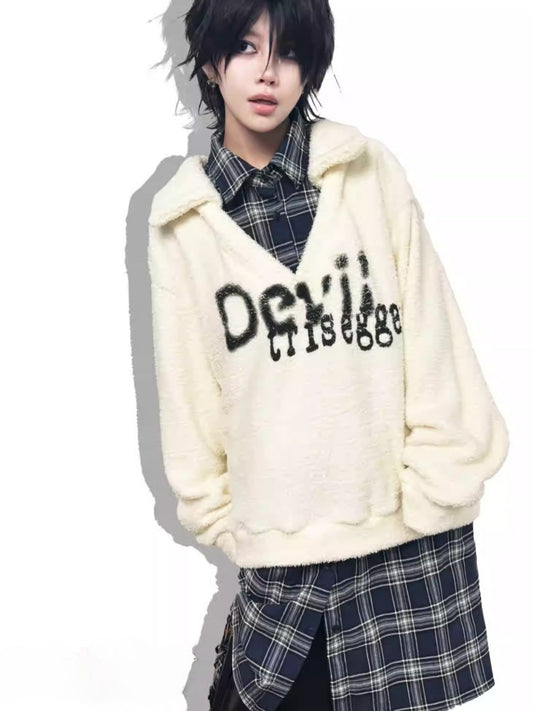 Graffiti Print Fluffy Fleece Faux  Layered Drawstring Hem Plaid Shirt【s0000014216】