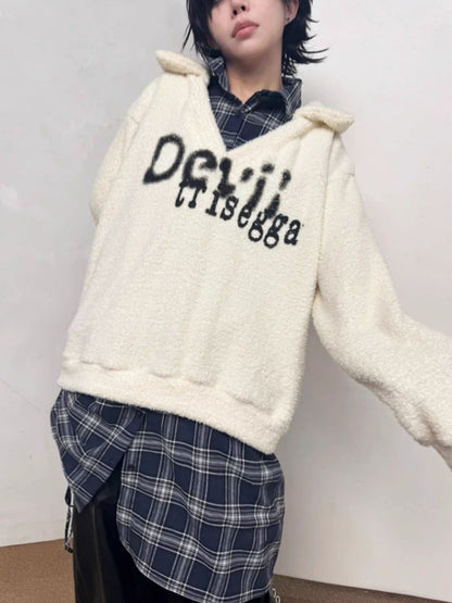 Graffiti Print Fluffy Fleece Faux  Layered Drawstring Hem Plaid Shirt【s0000014216】