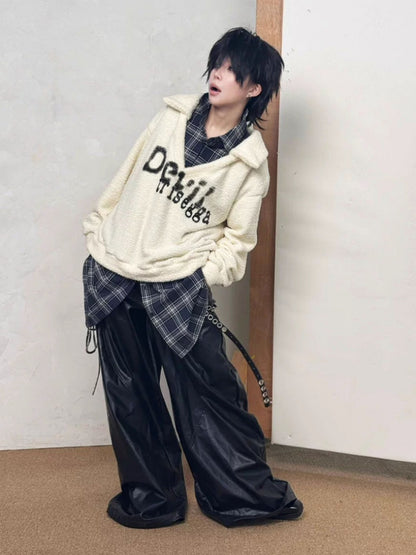 Graffiti Print Fluffy Fleece Faux  Layered Drawstring Hem Plaid Shirt【s0000014216】