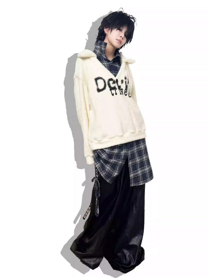 Graffiti Print Fluffy Fleece Faux  Layered Drawstring Hem Plaid Shirt【s0000014216】