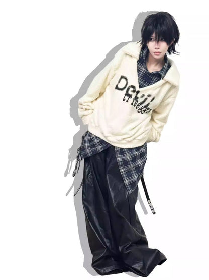 Graffiti Print Fluffy Fleece Faux  Layered Drawstring Hem Plaid Shirt【s0000014216】