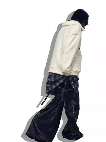 Graffiti Print Fluffy Fleece Faux  Layered Drawstring Hem Plaid Shirt【s0000014216】