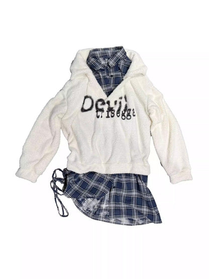 Graffiti Print Fluffy Fleece Faux  Layered Drawstring Hem Plaid Shirt【s0000014216】