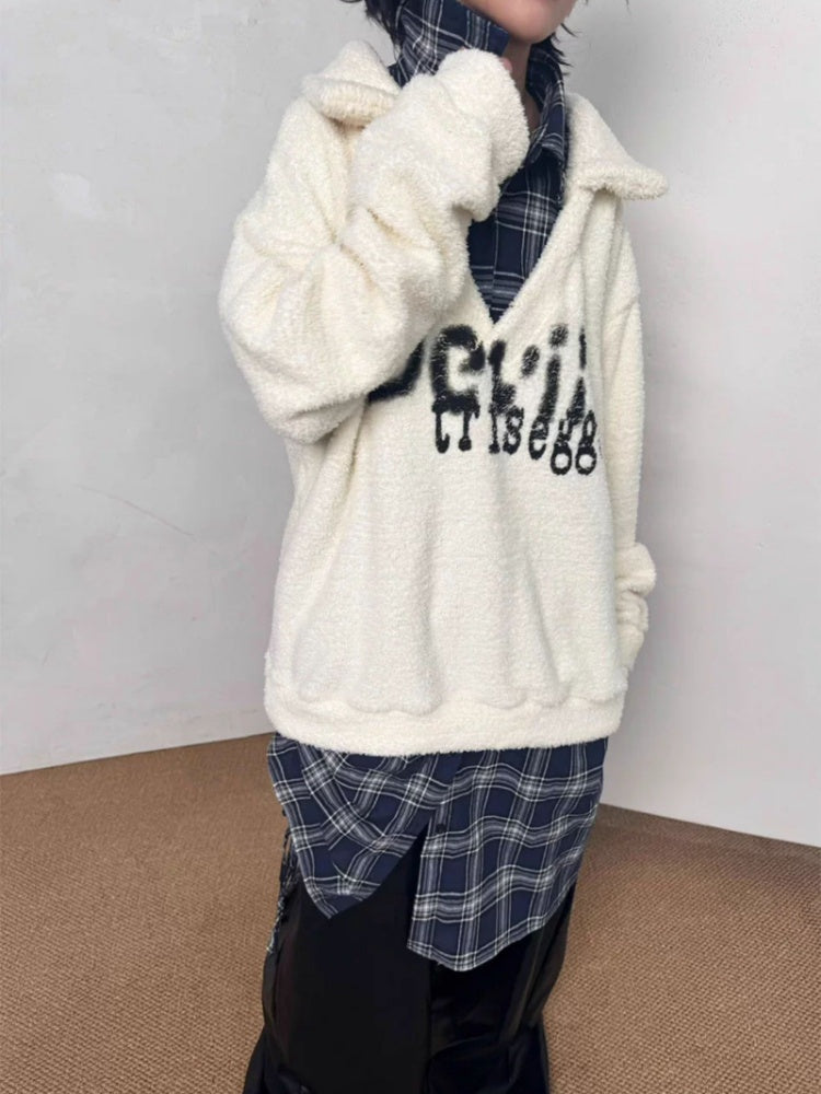 Graffiti Print Fluffy Fleece Faux  Layered Drawstring Hem Plaid Shirt【s0000014216】