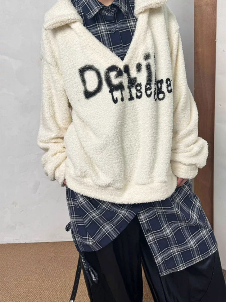 Graffiti Print Fluffy Fleece Faux  Layered Drawstring Hem Plaid Shirt【s0000014216】