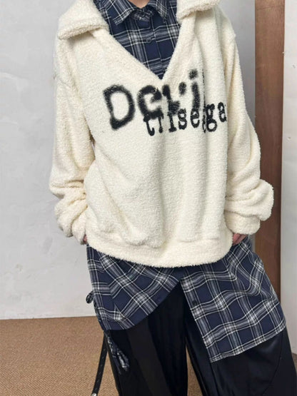 Graffiti Print Fluffy Fleece Faux  Layered Drawstring Hem Plaid Shirt【s0000014216】