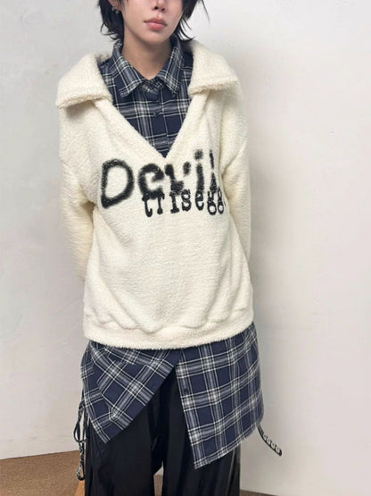 Graffiti Print Fluffy Fleece Faux  Layered Drawstring Hem Plaid Shirt【s0000014216】