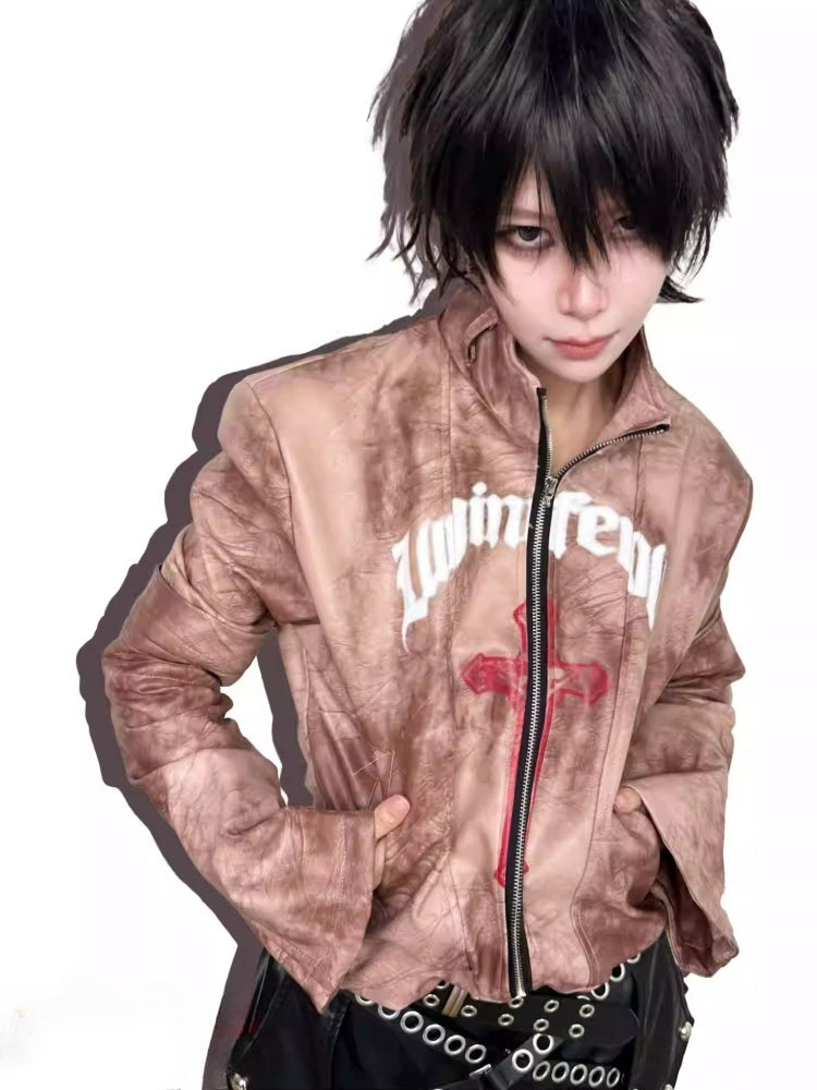 Graffiti Leather Make Dirty Print Flared Sleeve Slim Jacket【s0000014217】