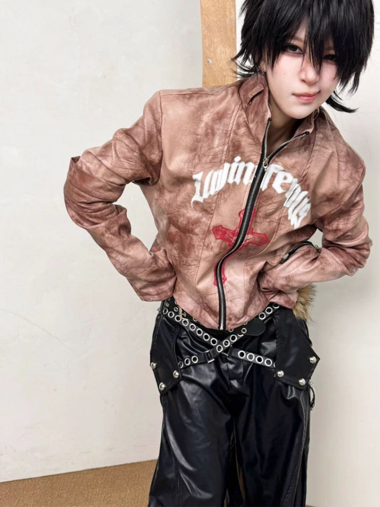 Graffiti Leather Make Dirty Print Flared Sleeve Slim Jacket【s0000014217】