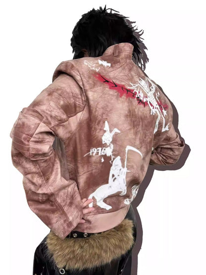 Graffiti Leather Make Dirty Print Flared Sleeve Slim Jacket【s0000014217】