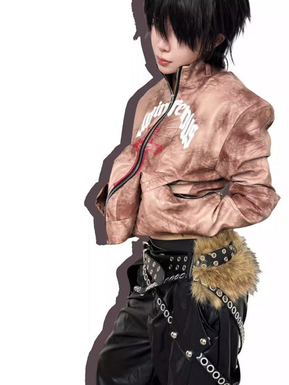 Graffiti Leather Make Dirty Print Flared Sleeve Slim Jacket【s0000014217】