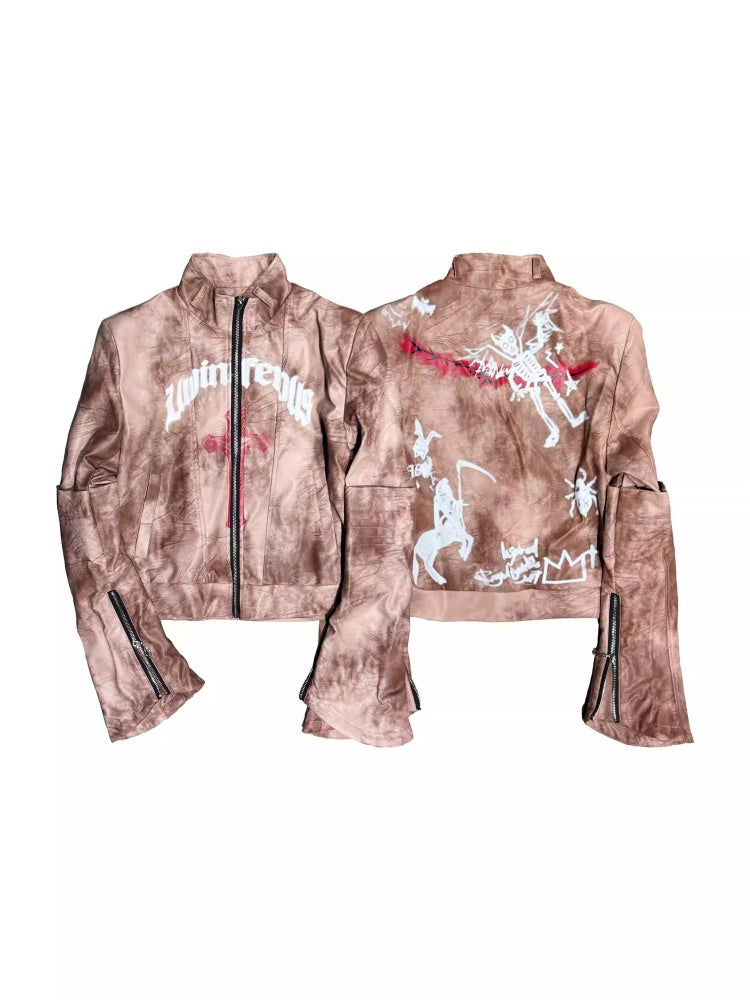 Graffiti Leather Make Dirty Print Flared Sleeve Slim Jacket【s0000014217】