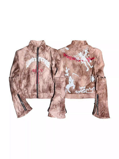 Graffiti Leather Make Dirty Print Flared Sleeve Slim Jacket【s0000014217】
