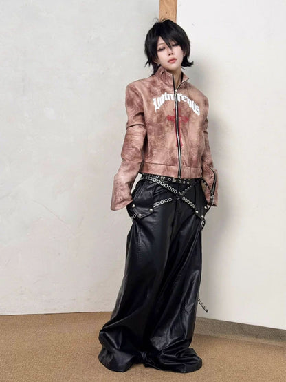 Graffiti Leather Make Dirty Print Flared Sleeve Slim Jacket【s0000014217】